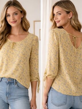 Freego Jeans Yellow Floral Boho Blouse Tie Back Neck 3/4 Sleeve Top Size Smal